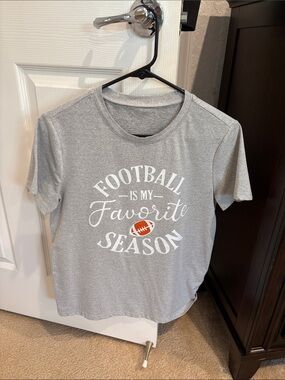 SHEIN Gray Short Sleeve Tee with White Script and Orange Football Graphic